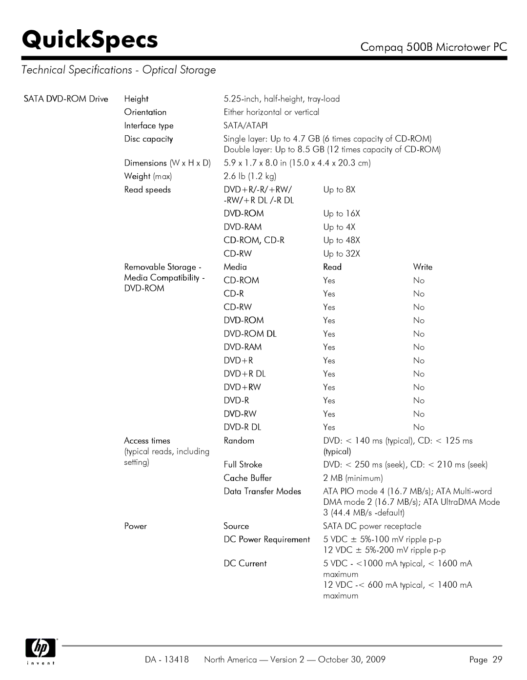 HP 500B VS875UT#ABA manual Technical Specifications Optical Storage, Dvd-Rom 