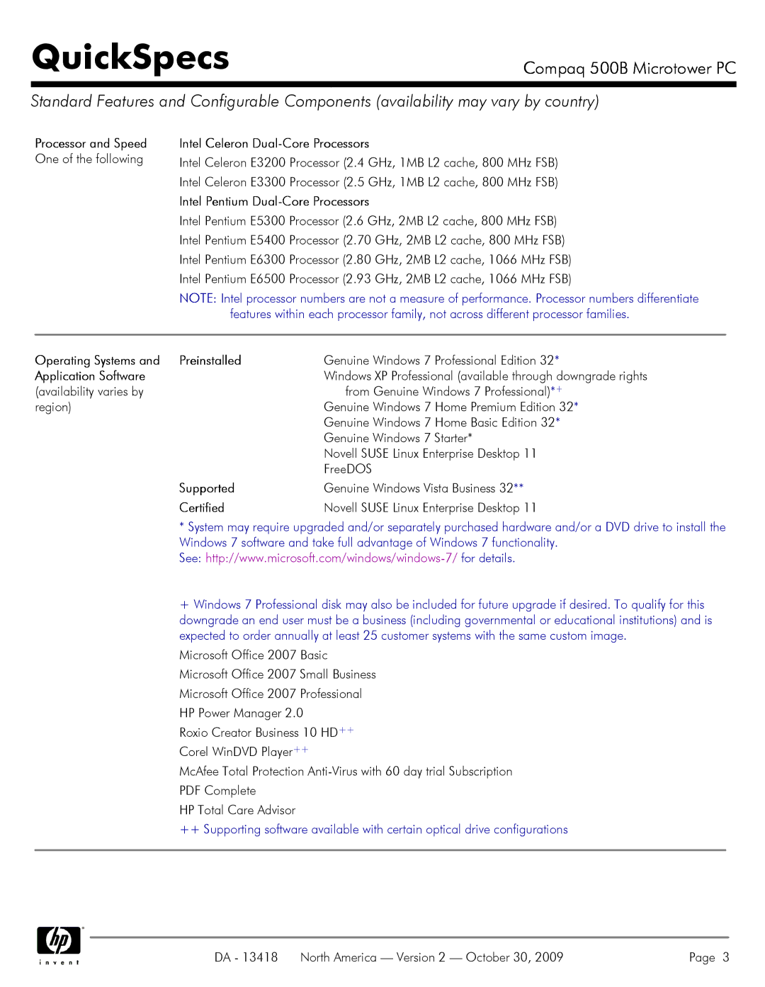 HP 500B VS875UT#ABA Processor and Speed, Intel Celeron Dual-Core Processors, Intel Pentium Dual-Core Processors, Supported 