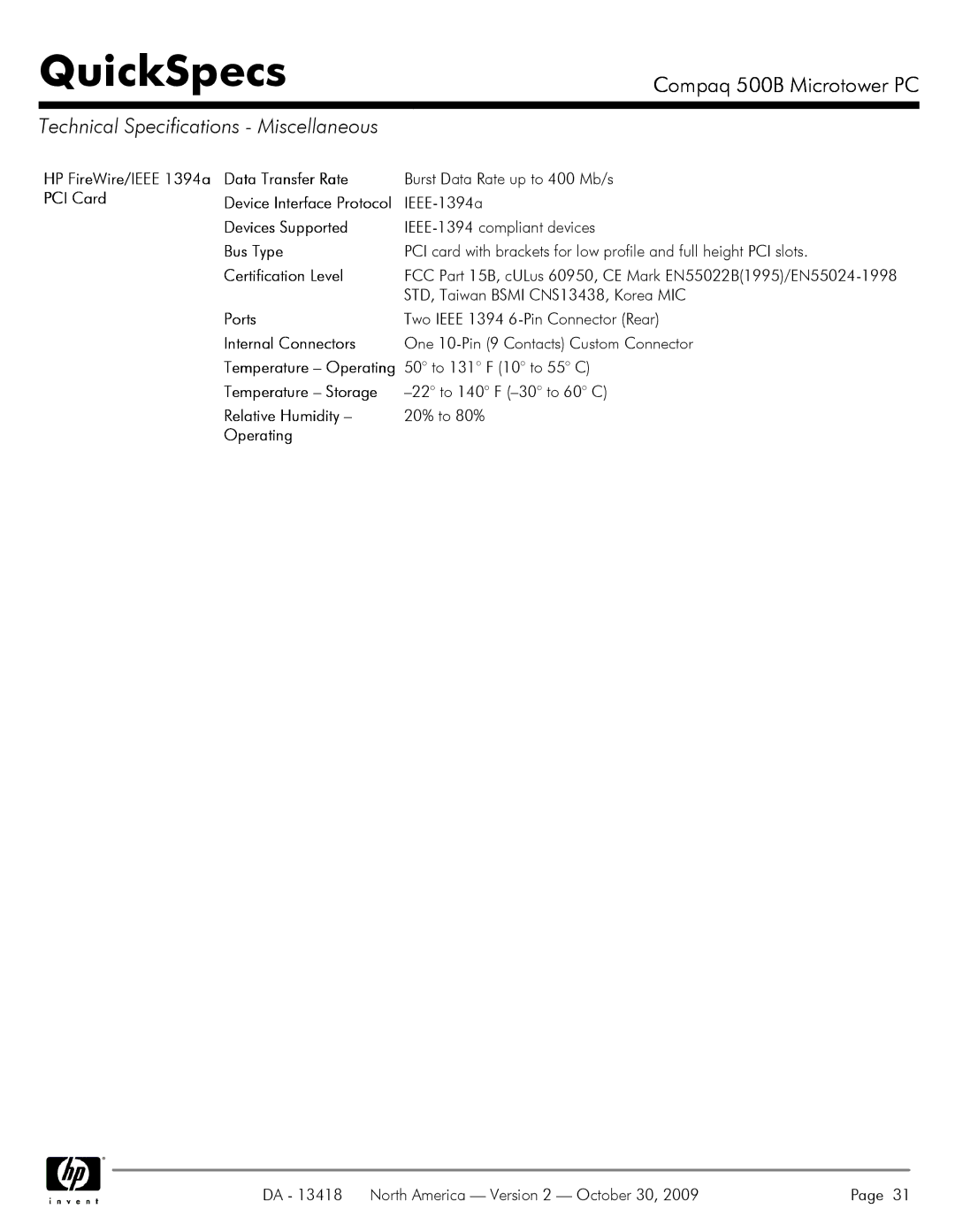 HP 500B VS875UT#ABA manual Technical Specifications Miscellaneous 