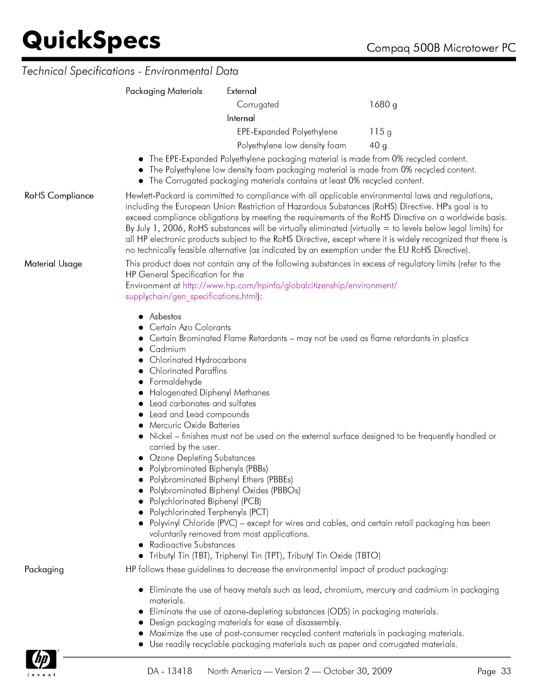 HP 500B VS875UT#ABA manual Packaging Materials External, RoHS Compliance, Material Usage 