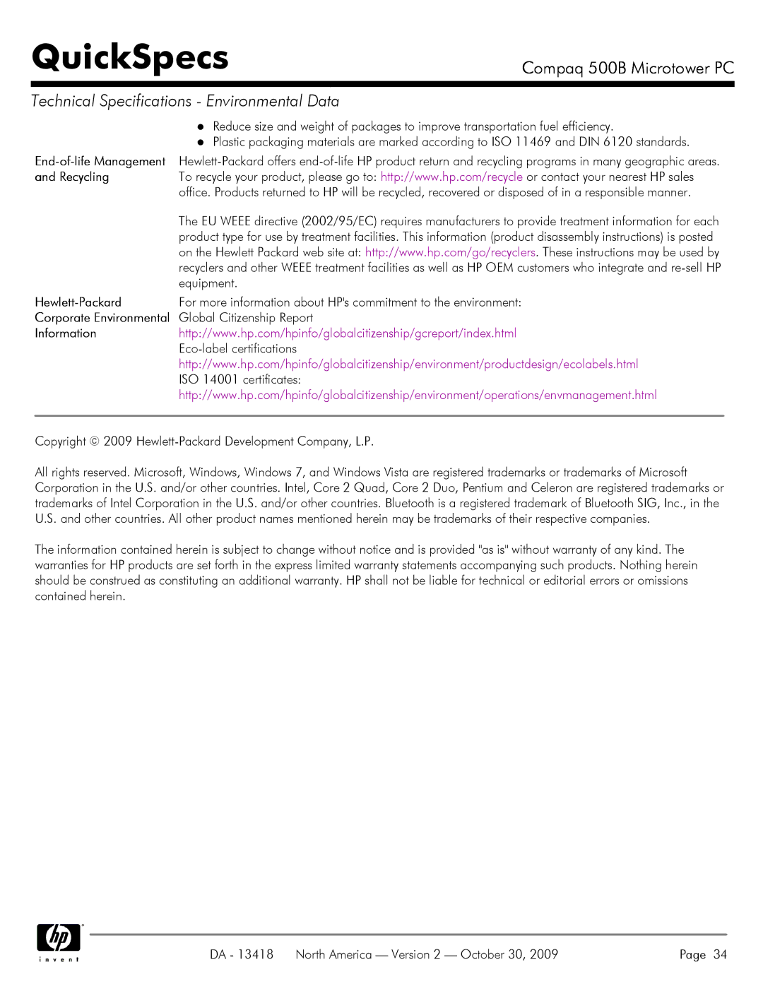 HP 500B VS875UT#ABA manual Recycling, Hewlett-Packard, Information 