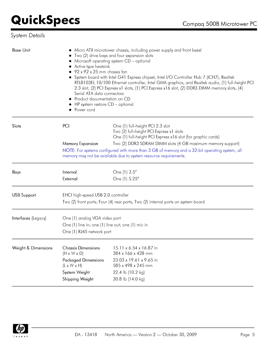 HP 500B VS875UT#ABA manual System Details, Pci 