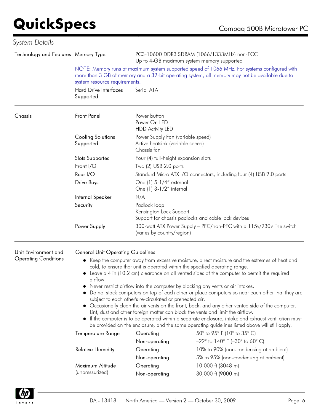 HP 500B VS875UT#ABA Memory Type, Hard Drive Interfaces, Supported Chassis Front Panel, Cooling Solutions, Slots Supported 