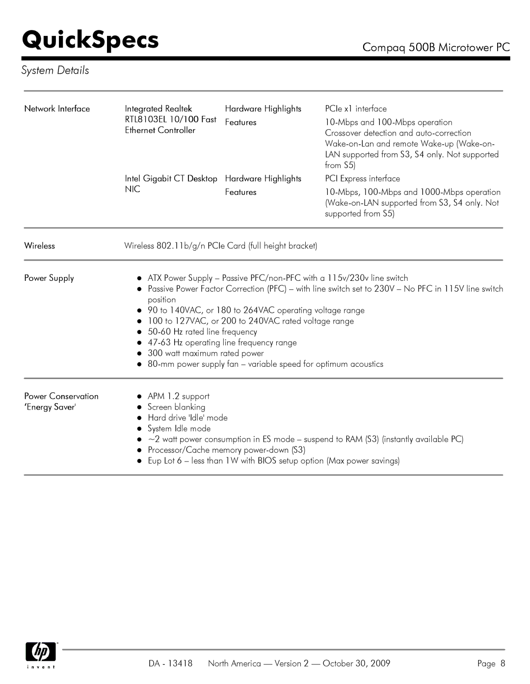 HP 500B VS875UT#ABA manual Nic 