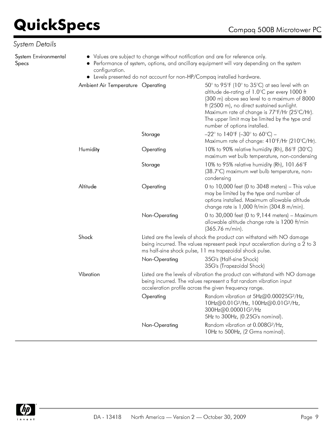 HP 500B VS875UT#ABA manual System Environmental, Specs, Humidity Operating, Altitude Operating, Shock, Vibration 