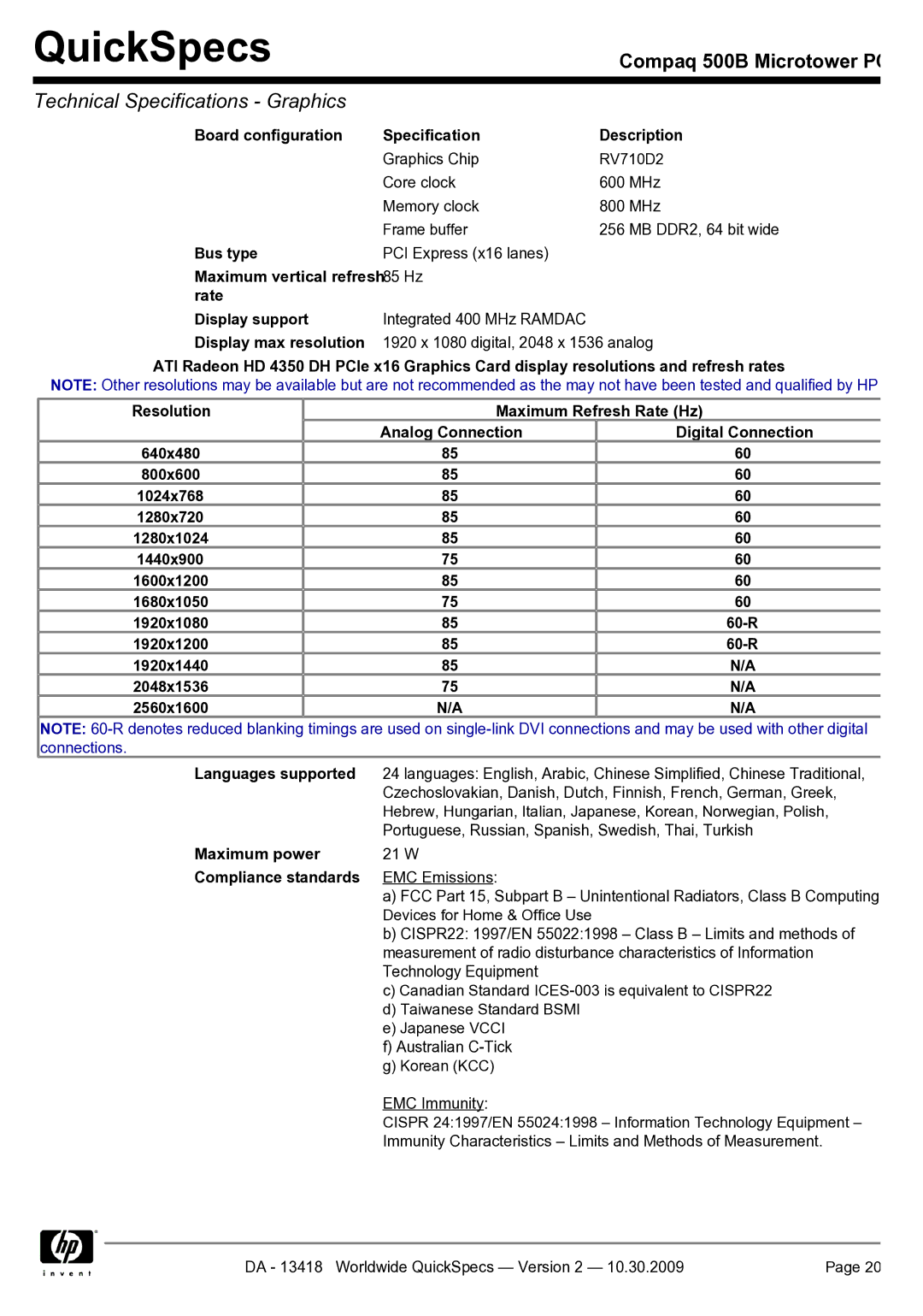 HP 500B manual Board configuration Specification Description, Bus type, Maximum vertical refresh 85 Hz Rate Display support 