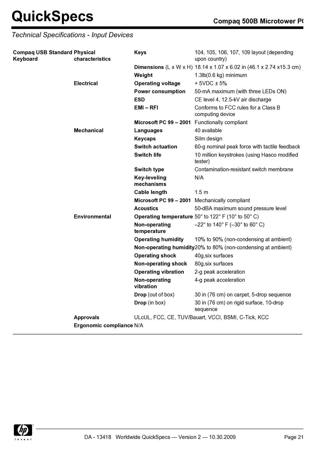 HP 500B manual Technical Specifications Input Devices, Esd, Emi Rfi 