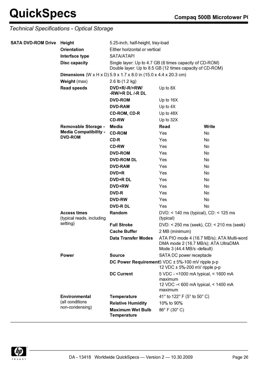 HP 500B manual Technical Specifications Optical Storage 