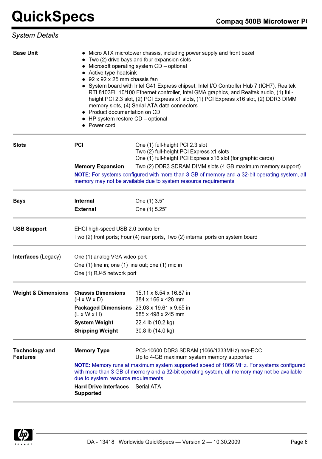 HP 500B manual System Details, Pci 