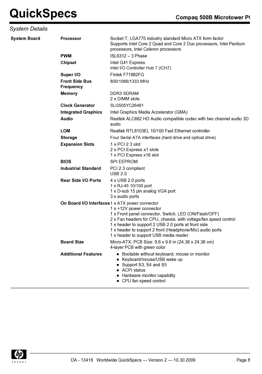 HP 500B manual Pwm, Lom, Bios 