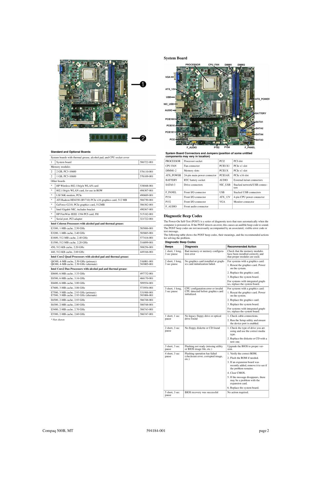 HP 500B manual System Board, Diagnostic Beep Codes, Standard and Optional Boards 