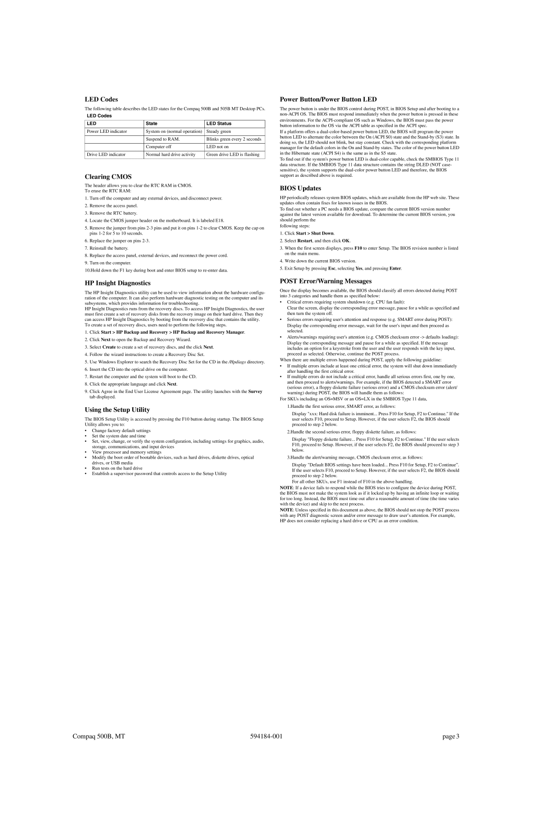 HP 500B manual LED Codes, Clearing Cmos, HP Insight Diagnostics, Using the Setup Utility, Power Button/Power Button LED 