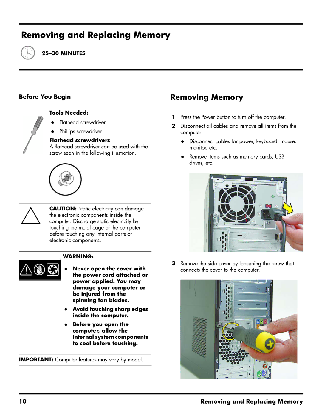 HP 500B manual Removing Memory, Removing and Replacing Memory 