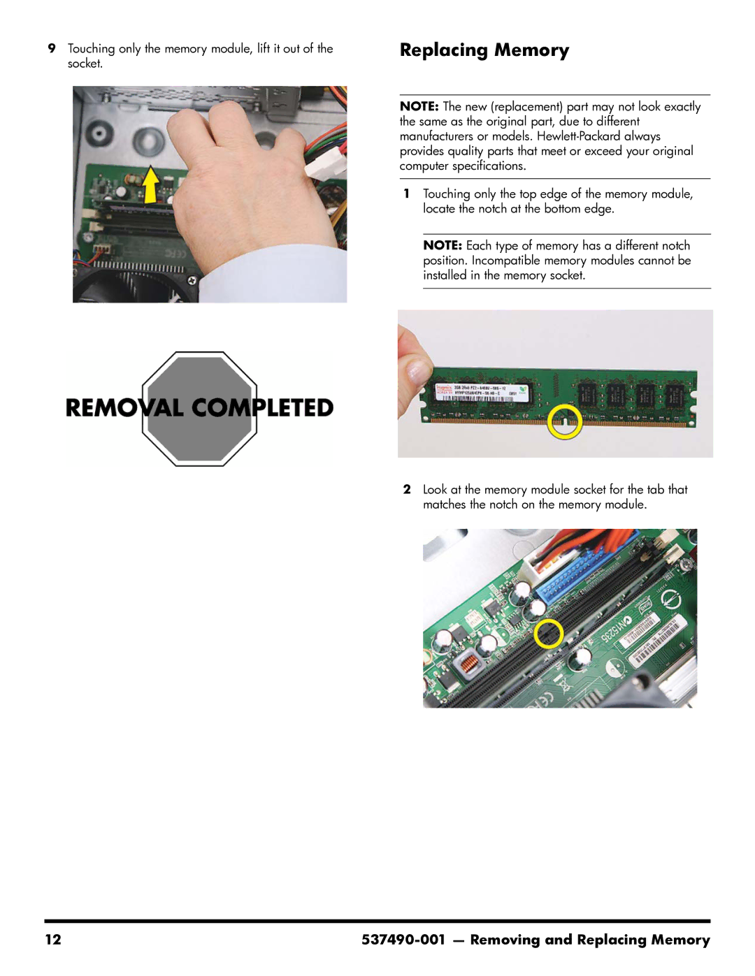 HP 500B manual Replacing Memory 