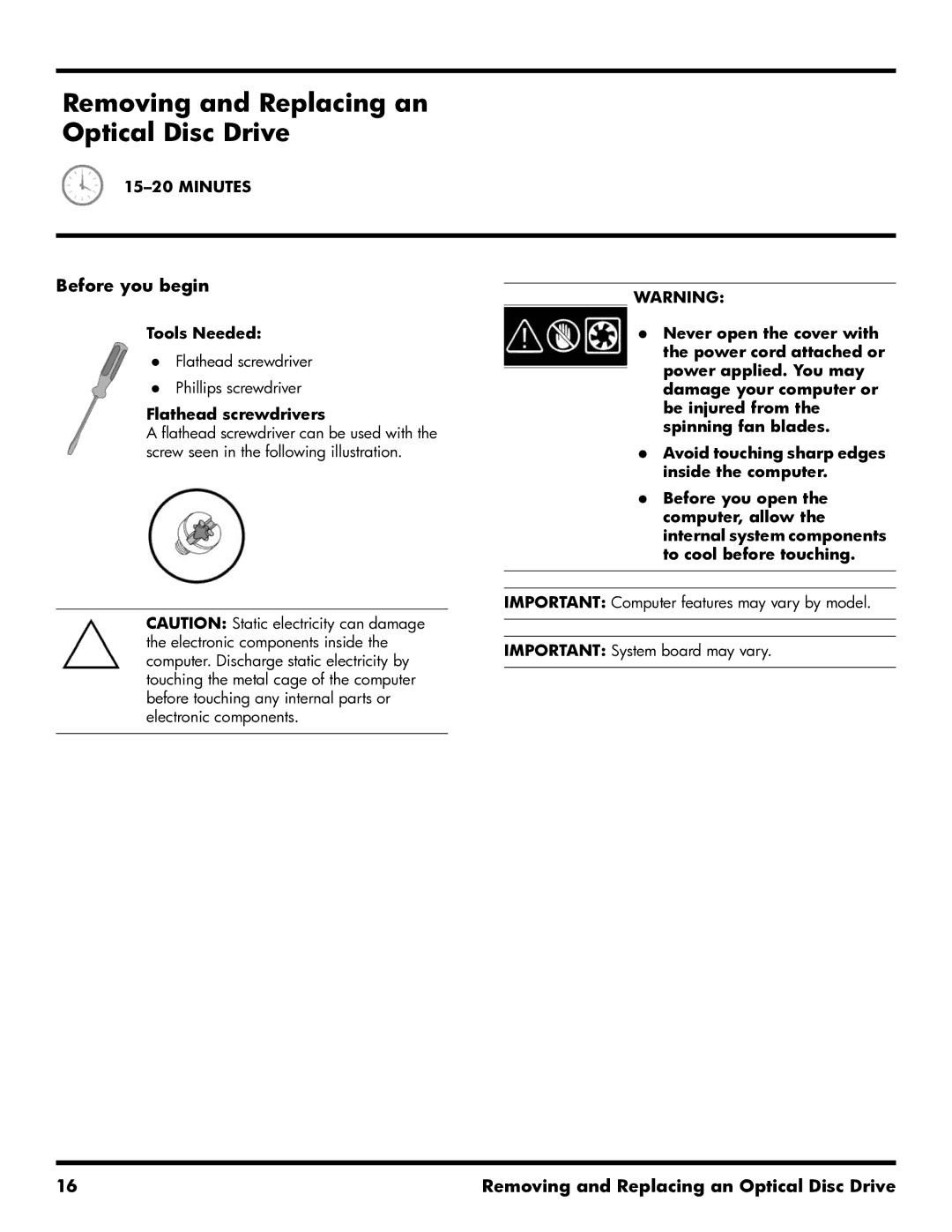 HP 500B manual Removing and Replacing an Optical Disc Drive 