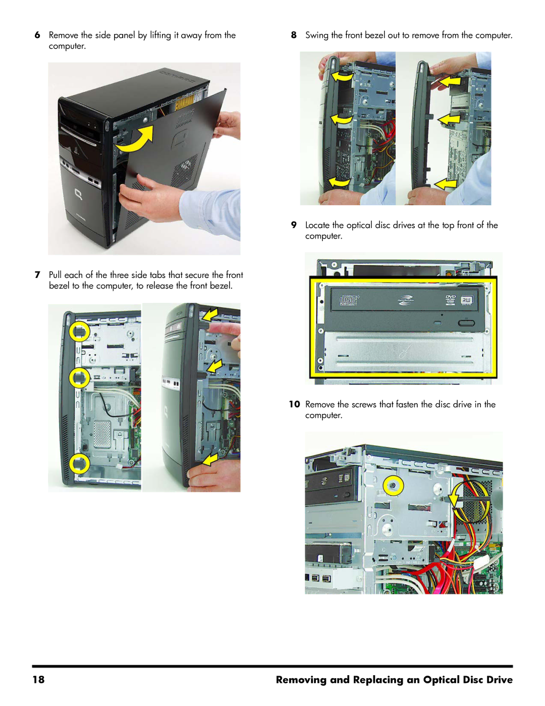 HP 500B manual Removing and Replacing an Optical Disc Drive 