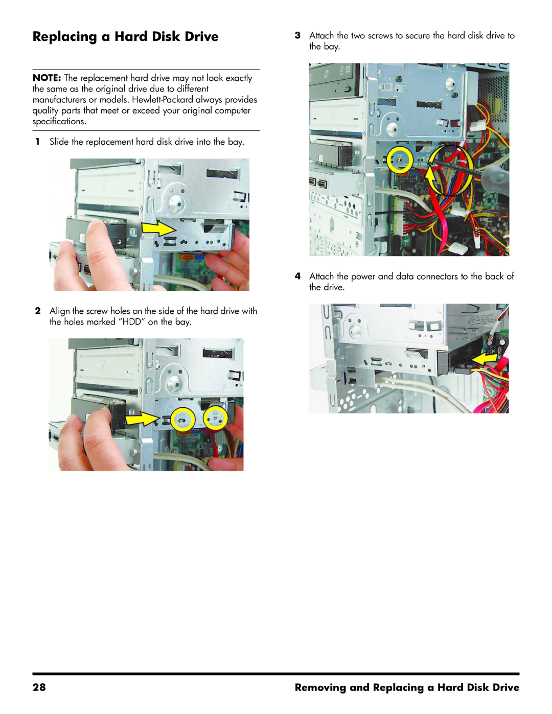 HP 500B manual Replacing a Hard Disk Drive 