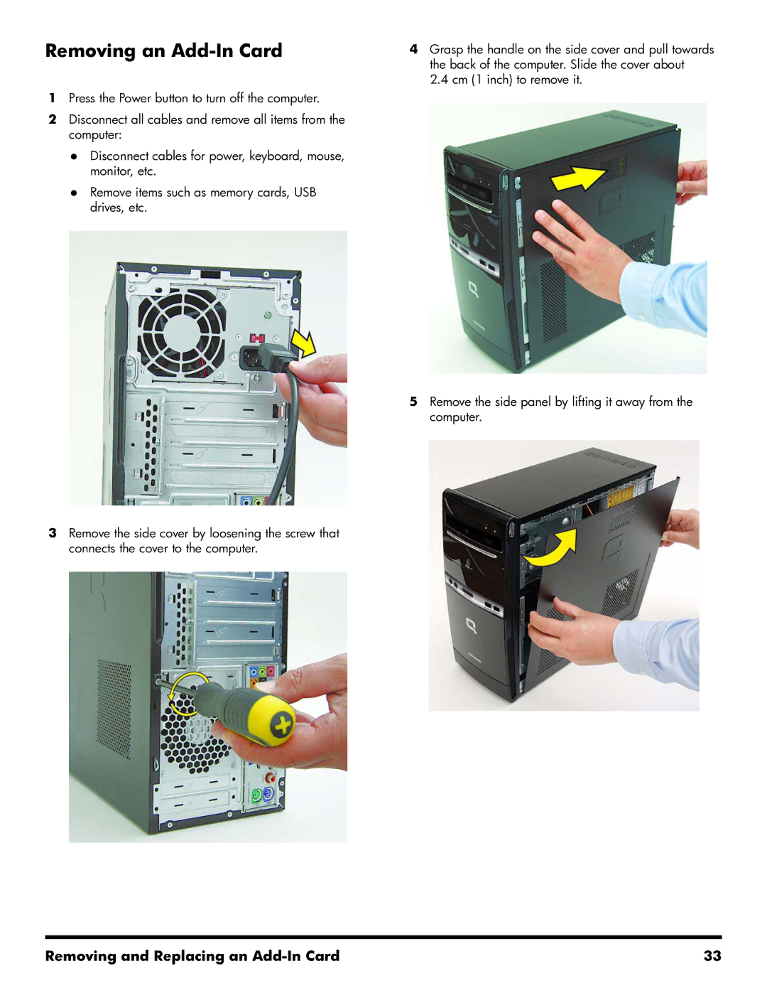 HP 500B manual Removing an Add-In Card 