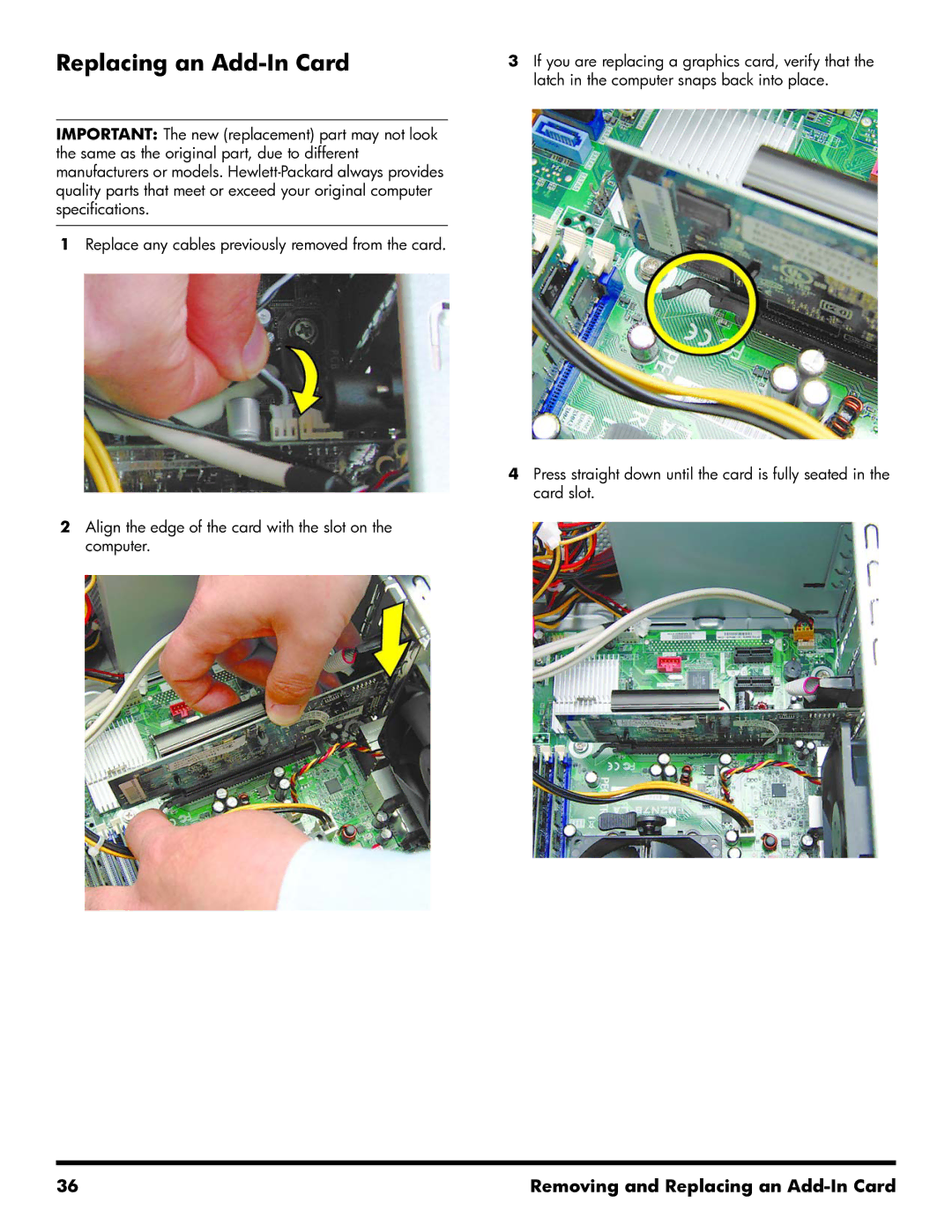 HP 500B manual Replacing an Add-In Card 