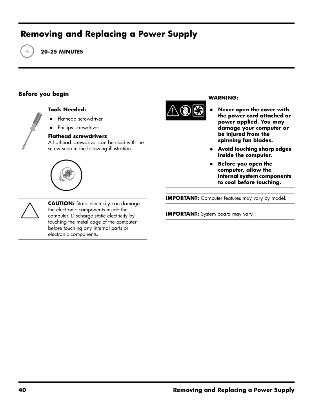 HP 500B manual Removing and Replacing a Power Supply 