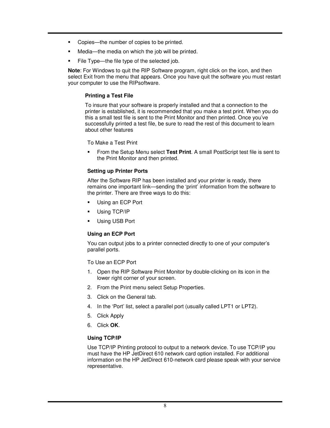 HP 500ps manual Printing a Test File, Setting up Printer Ports, Using an ECP Port, Using TCP/IP 