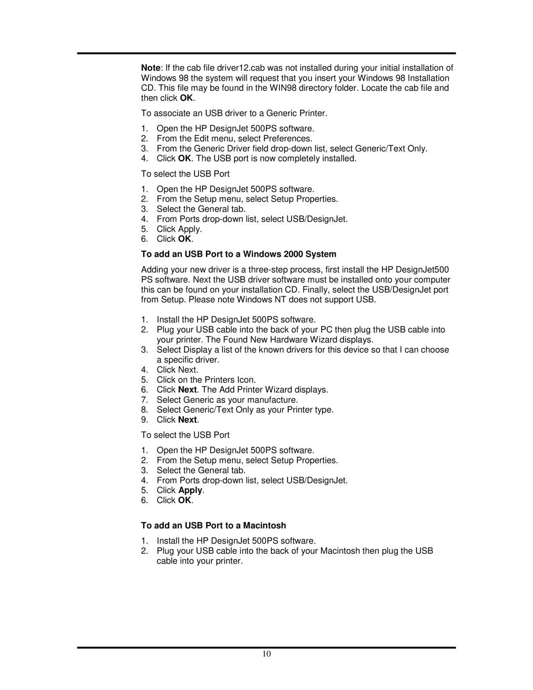 HP 500ps manual To add an USB Port to a Windows 2000 System, To add an USB Port to a Macintosh 