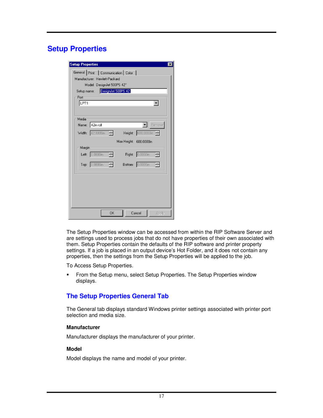 HP 500ps manual Setup Properties General Tab, Manufacturer, Model 