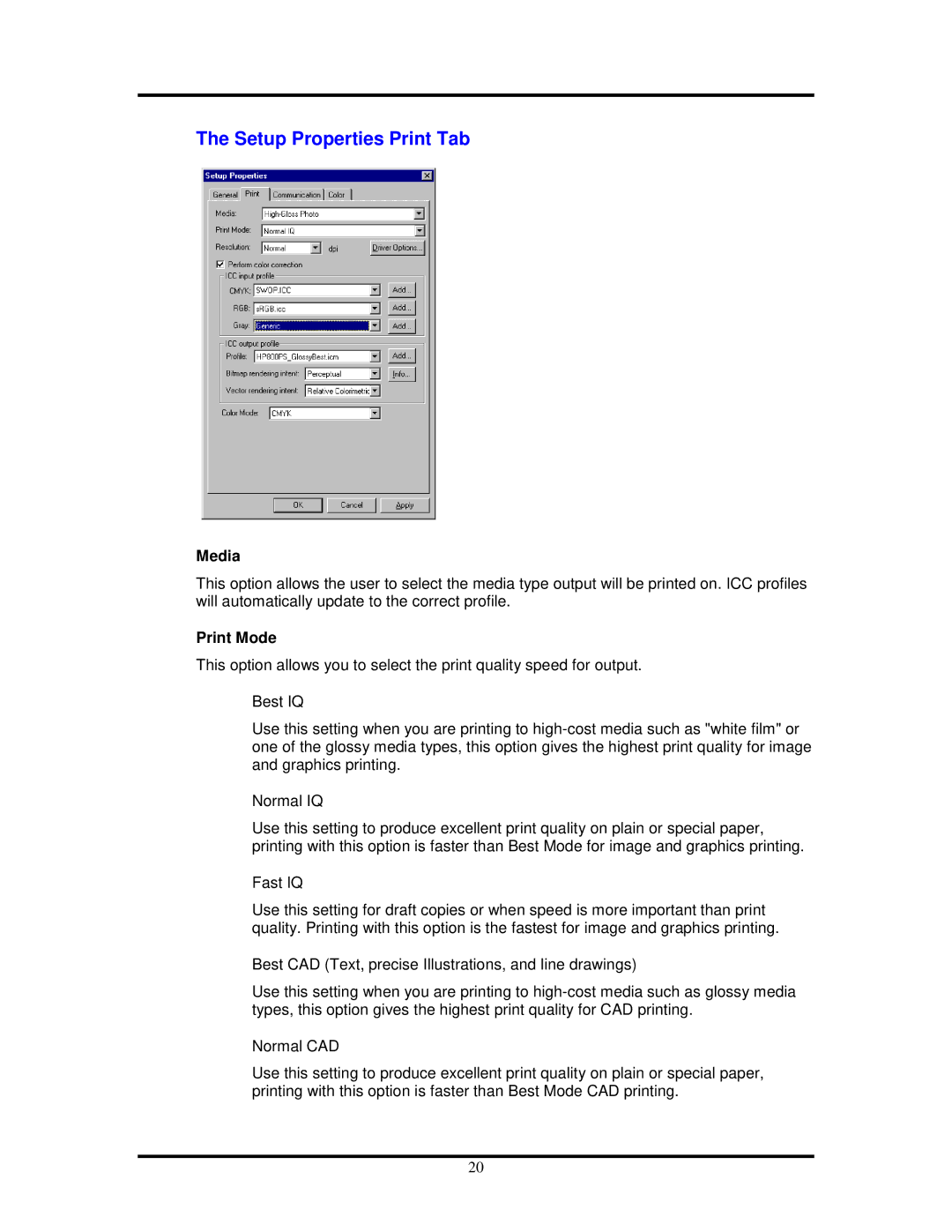 HP 500ps manual Setup Properties Print Tab, Print Mode 