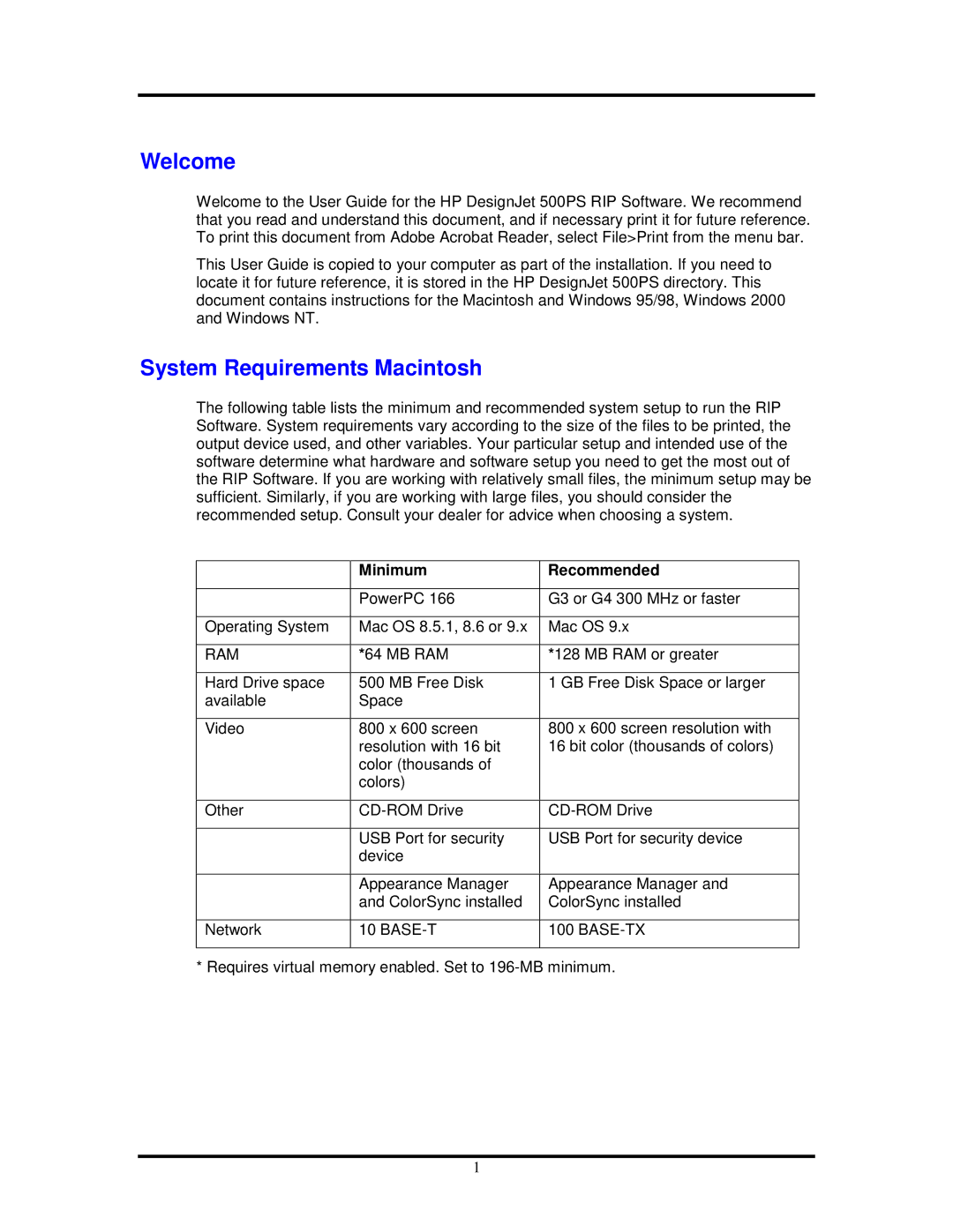 HP 500ps manual Welcome, System Requirements Macintosh, Minimum Recommended 