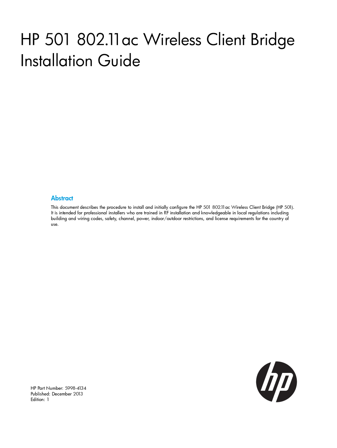 HP 501 Client Bridge manual HP 501 802.11ac Wireless Client Bridge Installation Guide 