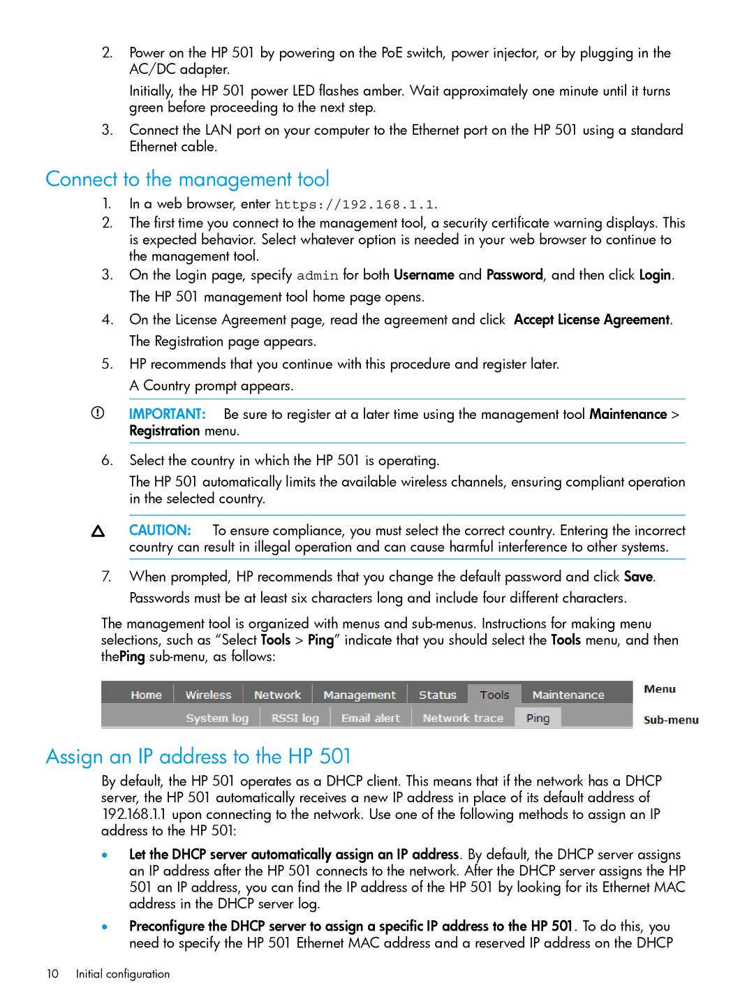 HP 501 Client Bridge manual Connect to the management tool, Assign an IP address to the HP 