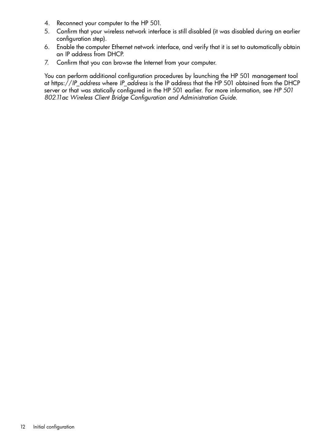 HP 501 Client Bridge manual Initial configuration 