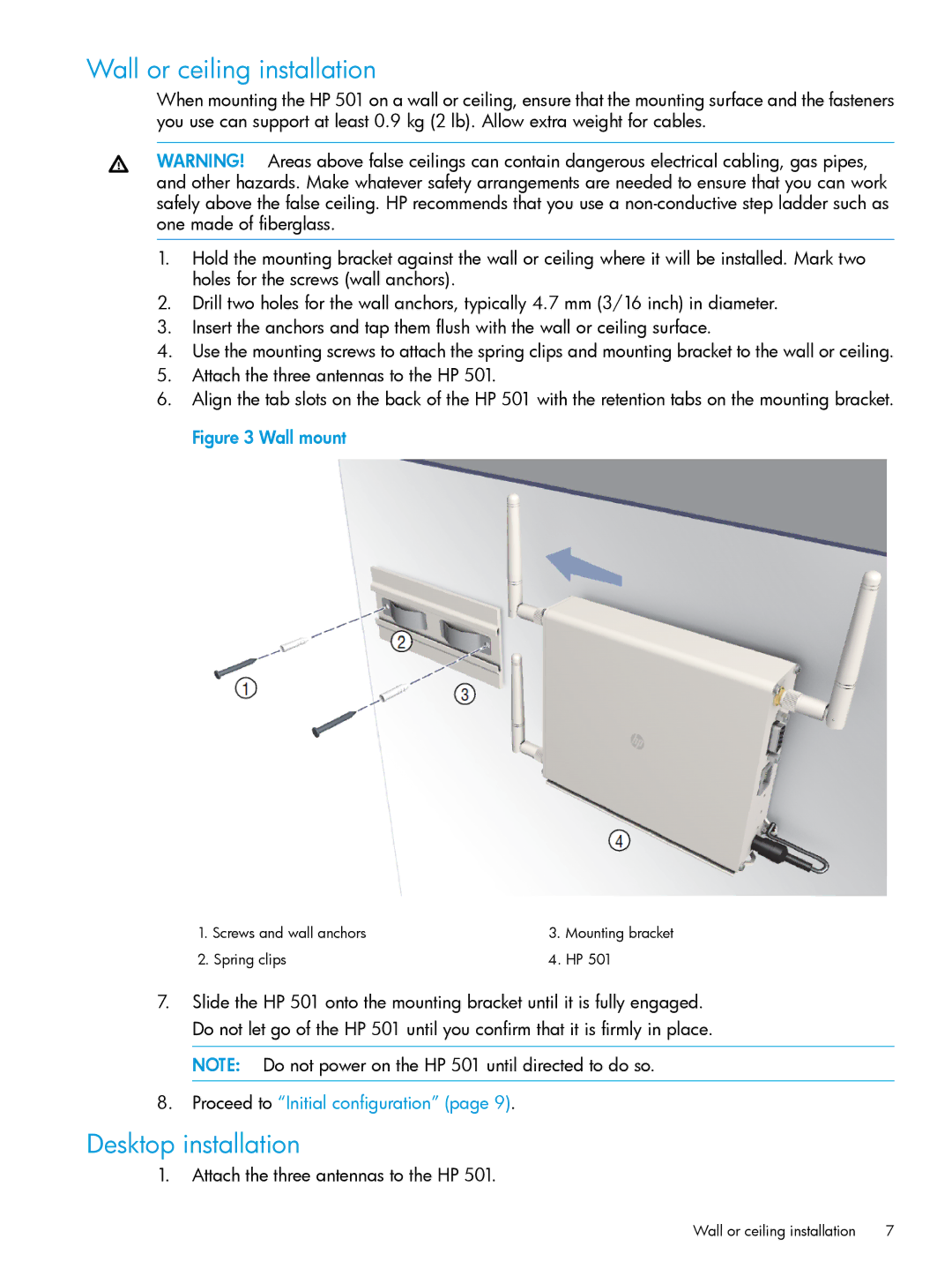 HP 501 Client Bridge manual Wall or ceiling installation, Desktop installation 