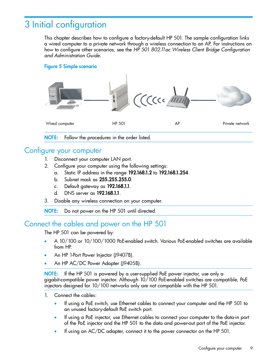 HP 501 Client Bridge manual Initial configuration, Configure your computer, Connect the cables and power on the HP 