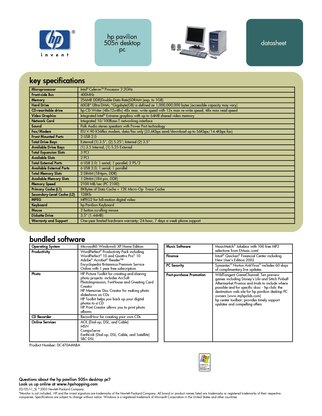 HP 505n (US/CAN) manual Key specifications, Bundled software, Questions about the hp pavilion 505n desktop pc? 