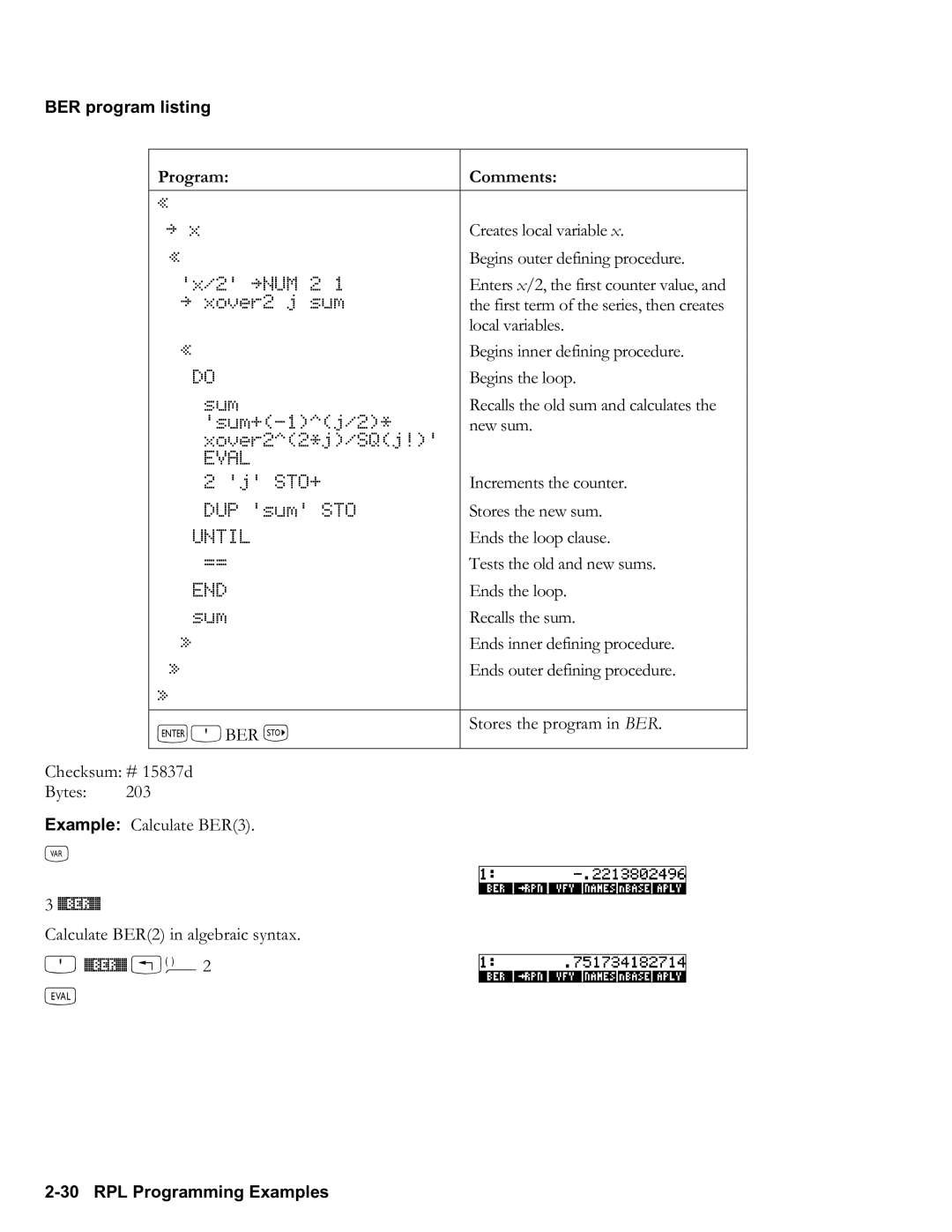 HP 50g Graphing, 48gII Graphing manual BER program listing, `Ober K, Ber%, BER% !Ü2 