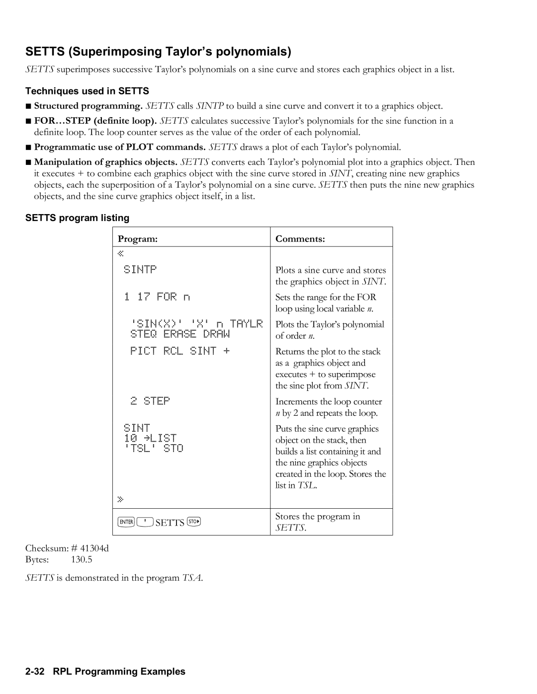 HP 50g Graphing manual Setts Superimposing Taylor’s polynomials, Techniques used in Setts, Setts program listing, `Osetts K 