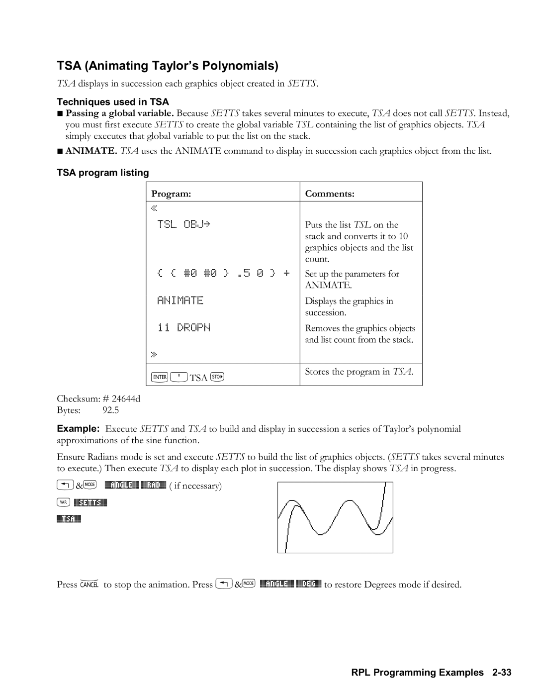 HP 48gII Graphing, 50g Graphing TSA Animating Taylor’s Polynomials, Techniques used in TSA, TSA program listing, `Otsa K 