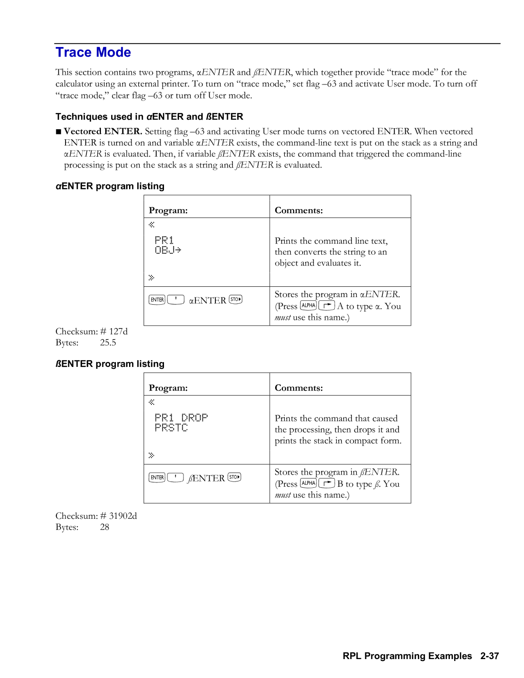 HP 48gII Graphing manual Trace Mode, Techniques used in αENTER and ßENTER, ΑENTER program listing, ßENTER program listing 