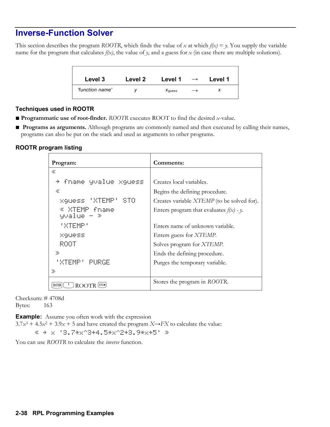 HP 50g Graphing, 48gII Graphing manual InverseFunction Solver, Techniques used in Rootr, Rootr program listing, `Orootr K 