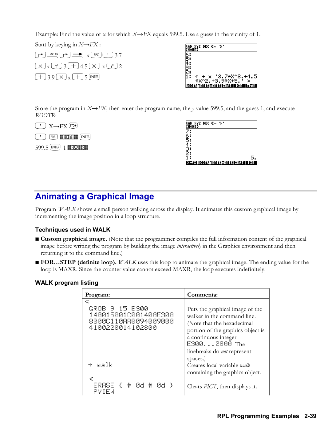HP 48gII Graphing manual Animating a Graphical Image, @Å@É x †O3.7, X²FX% ` 599.5 ` 1 %ROOTR%, Techniques used in Walk 