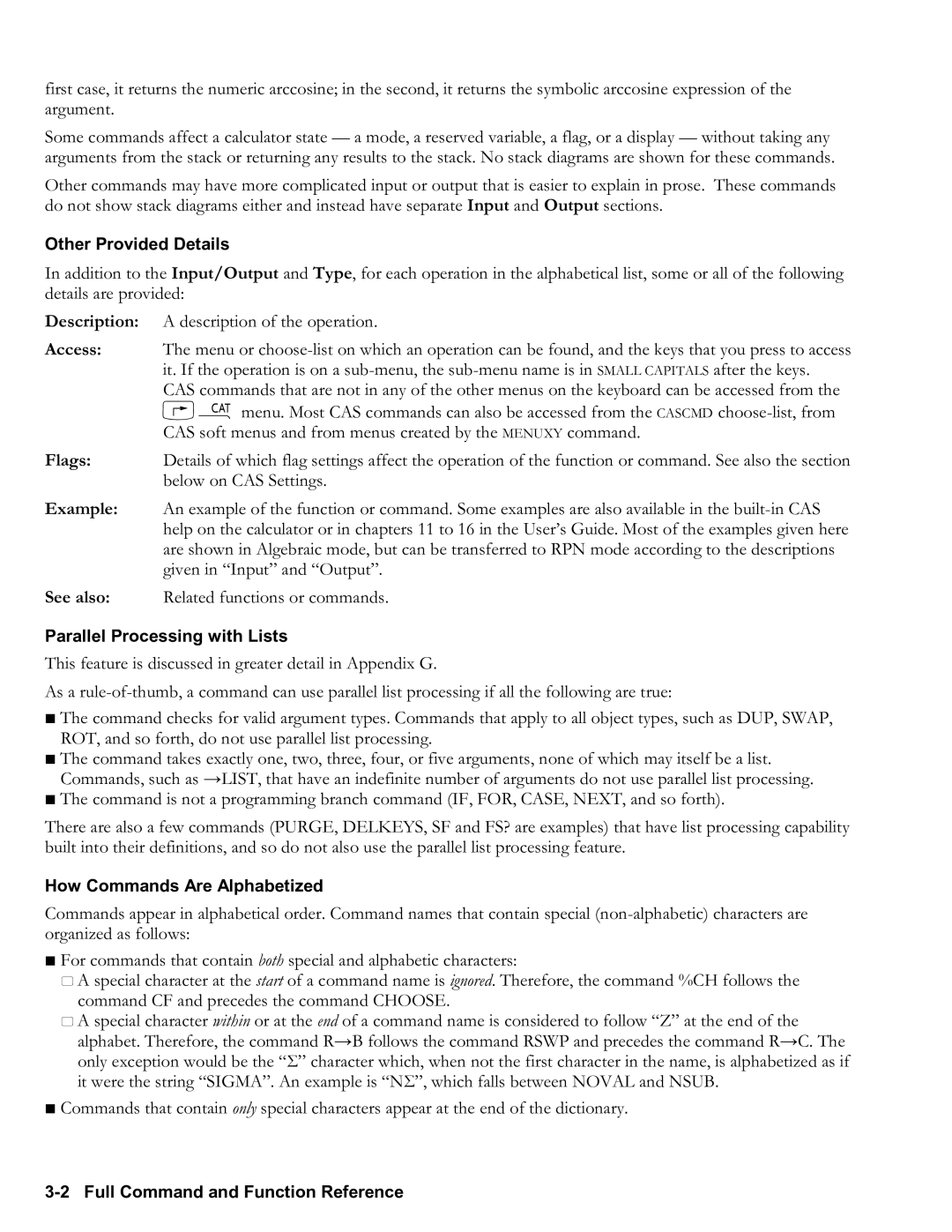 HP 50g Graphing, 48gII Graphing manual Other Provided Details, Parallel Processing with Lists, How Commands Are Alphabetized 