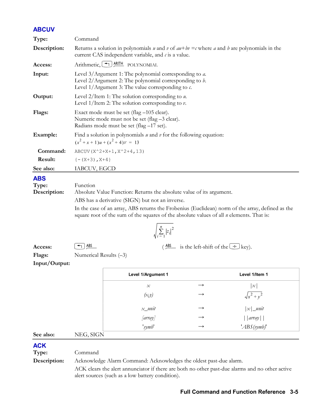 HP 48gII Graphing, 50g Graphing manual Abcuv, Abs, Ack 