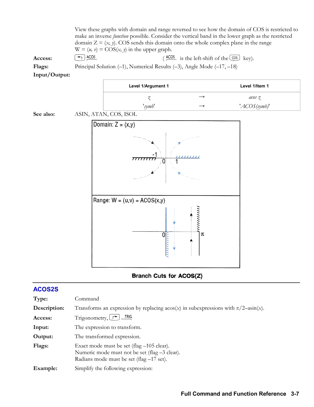 HP 48gII Graphing, 50g Graphing manual ACOS2S, ASIN, ATAN, COS, Isol 