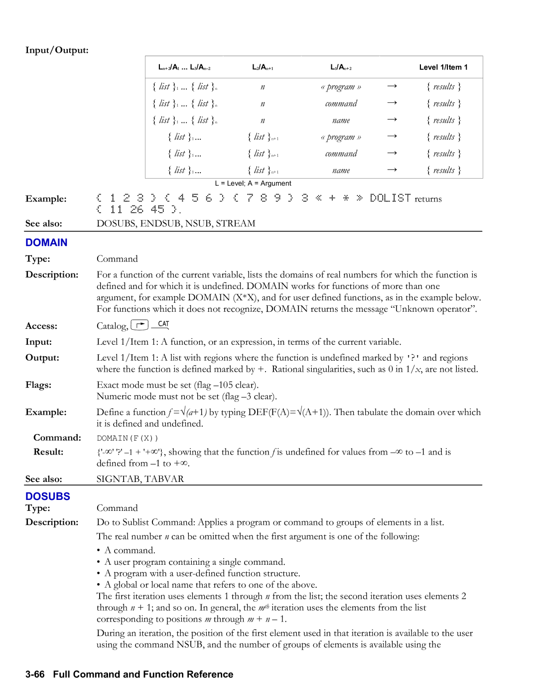 HP 50g Graphing, 48gII Graphing Domain, Dosubs, List List n « program » Results Command Name List n+1, SIGNTAB, Tabvar 