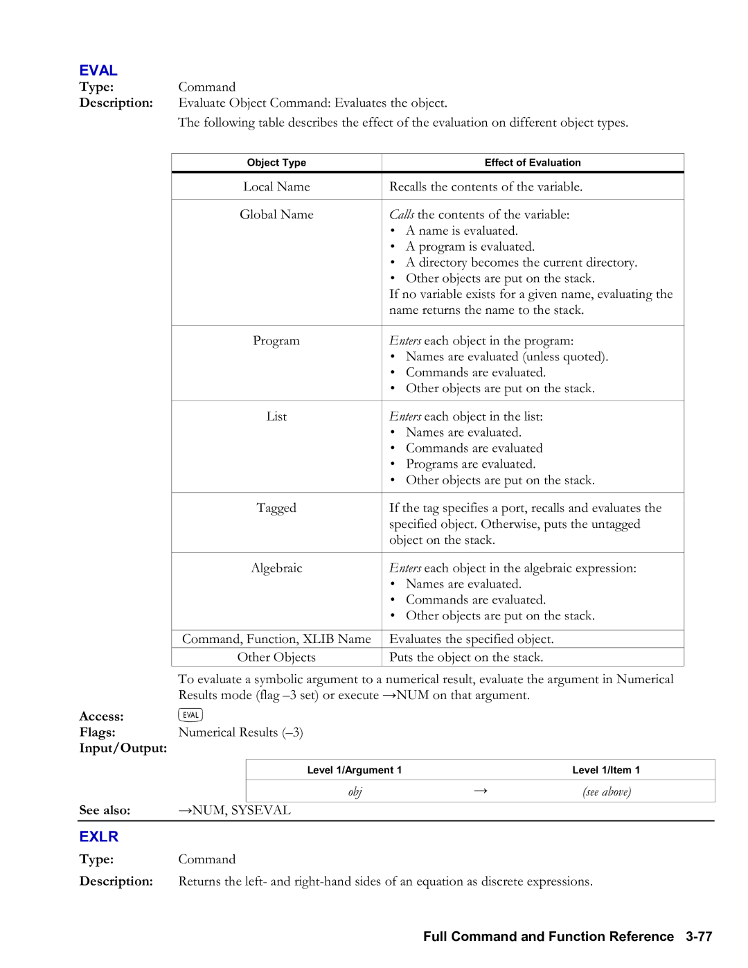 HP 48gII Graphing, 50g Graphing manual Eval, Exlr, Obj See above, →Num, Syseval 