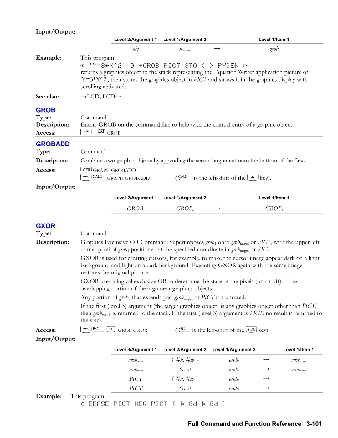 HP 48gII Graphing, 50g Graphing manual Grobadd, Gxor, →Lcd, Lcd→, #n, #m Grob 