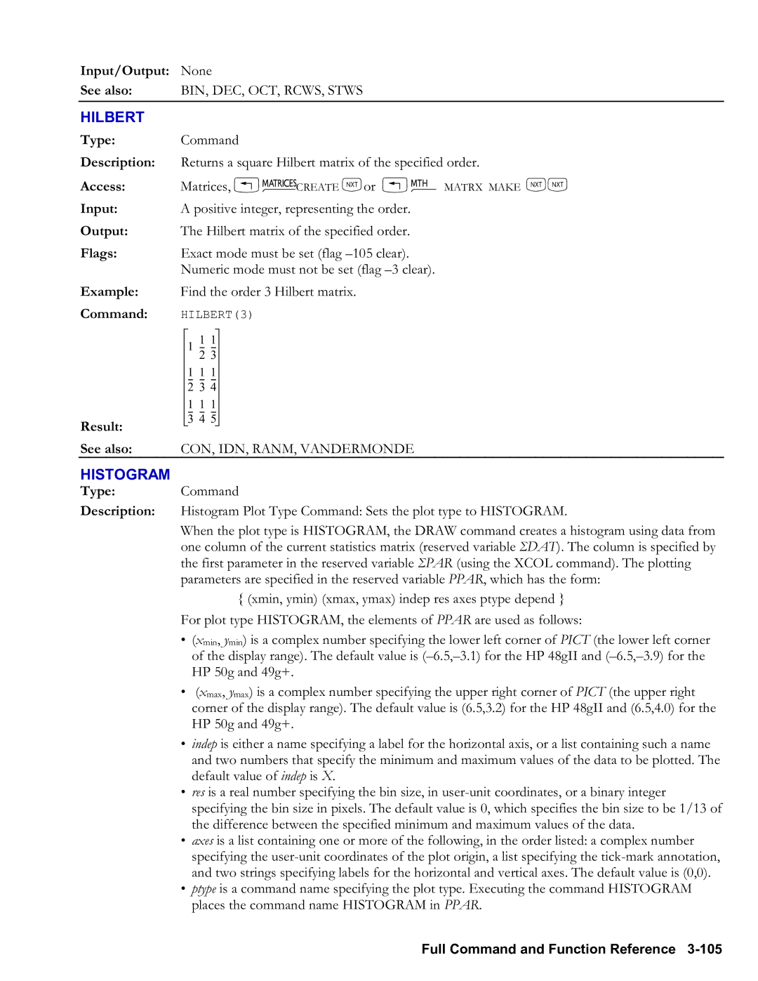 HP 48gII Graphing, 50g Graphing manual Hilbert, Histogram 