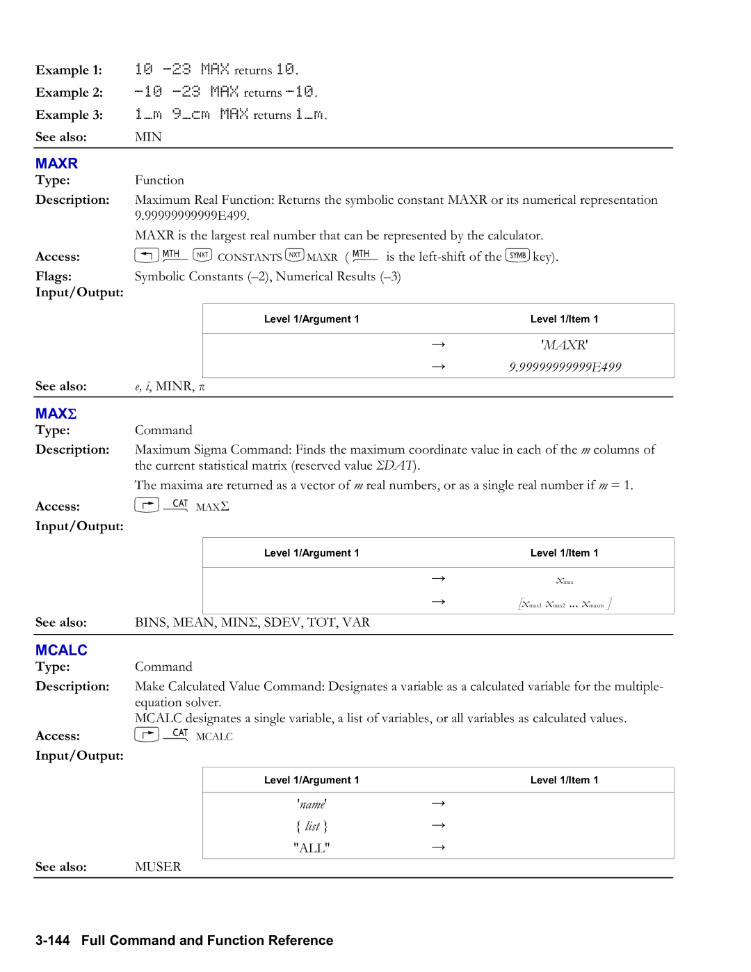 HP 50g Graphing, 48gII Graphing manual Maxr, Maxσ, Mcalc, Input/Output See also 