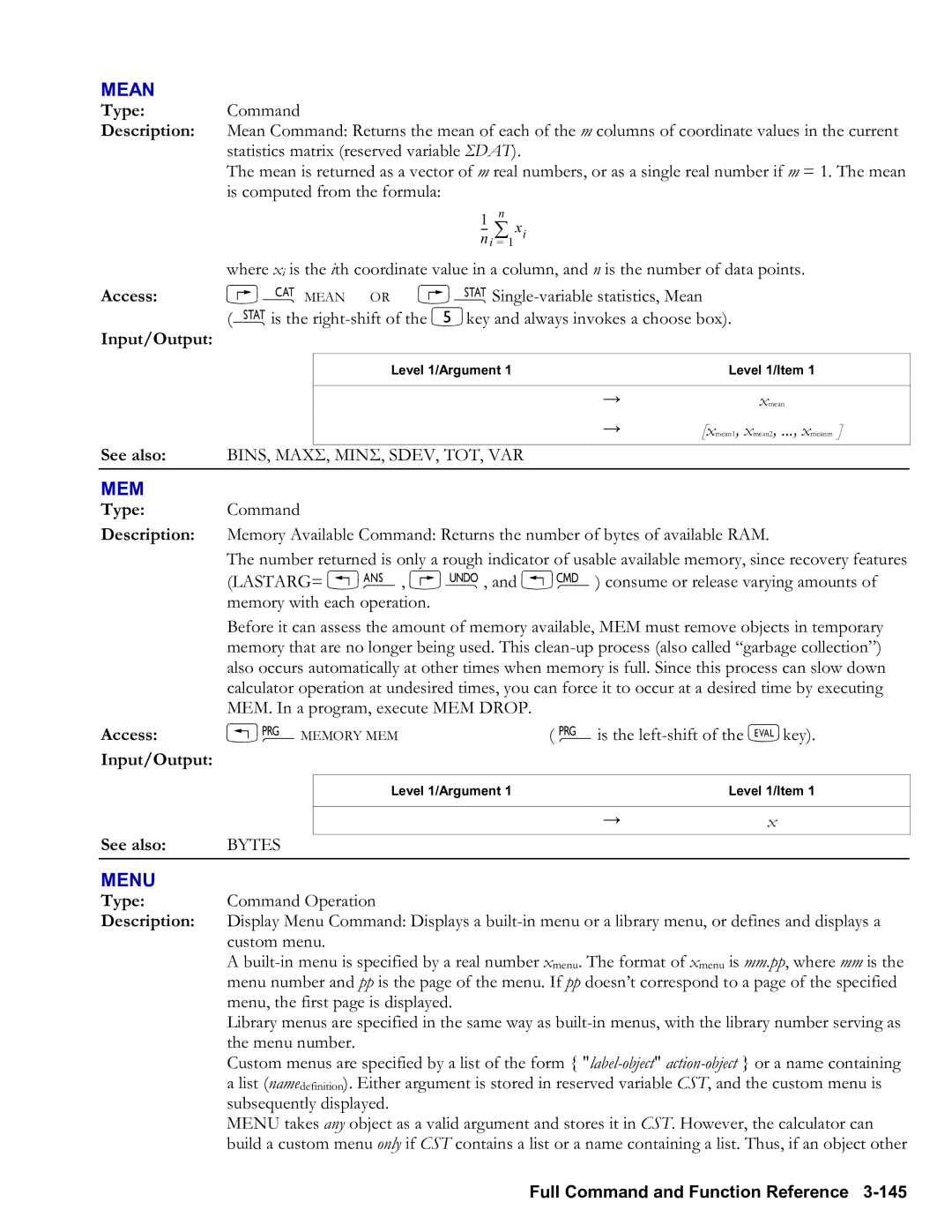 HP 48gII Graphing, 50g Graphing manual Mean, Mem, Menu, Bins, Maxσ, Minσ, Sdev, Tot, Var, Bytes 